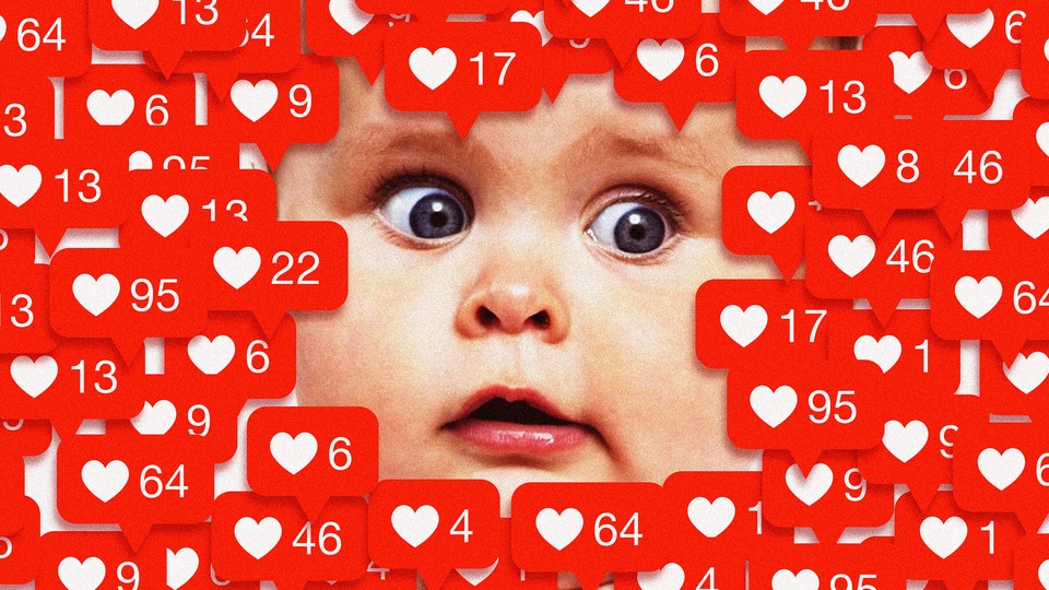 Illustration of a baby surrounded by Instagram 'like' counts