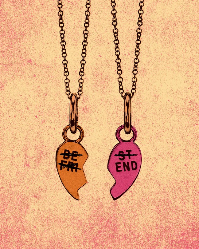 two "Best Friend" necklaces, each with half a heart, hanging side by side with all text except "End" crossed out