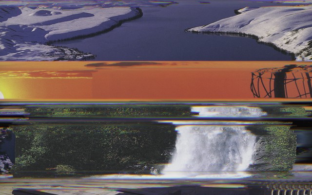 a collage of images including the Earth from outer space, a desert scene, a polar-ice scene, and a waterfall