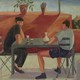 An oil on canvas painting of two stylized men at an outdoor table sitting casually and drinking wine looking out onto a landscape