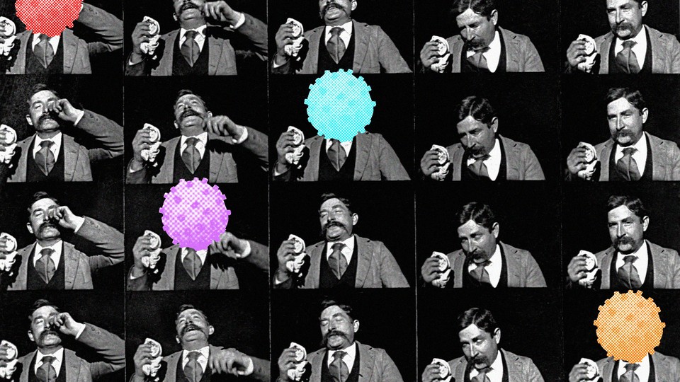 Illustration of coronaviruses over photos of a man sneezing