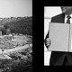 Two black-and-white photographs next to each other—on the left, destruction in the West Bank, and on the right, an official holding up the signed Abraham Accords