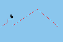 A crow perches on a negative trend line that creates the outline of a house's roof and chimney.