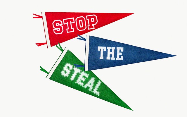 Red, blue, and green college pennants with one of the words in the phrase "Stop the Steal" on each of them