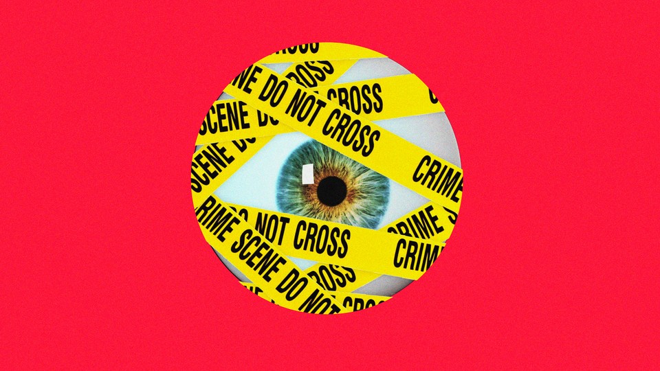 Artwork of an eyeball covered in yellow police tape