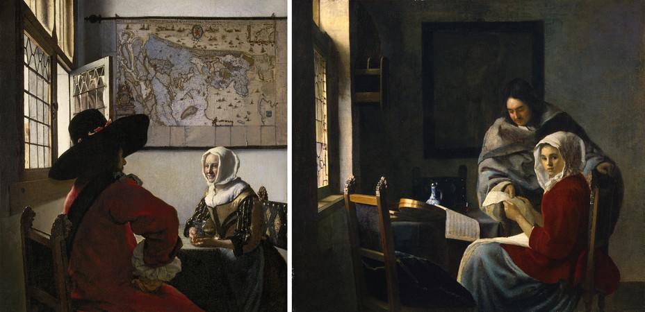 Diptych: A man in red coat and hat talking to girl in white scarf both seated at table;  a girl in read coat looks to viewer wearing white scarf with a man standing over her.