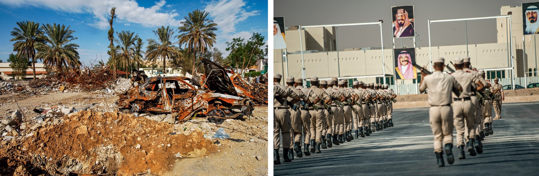 2 photos: twisted wreckage of car sits next to crater and rubble with palms in background; seen from behind, dozens of tan-uniformed soldiers march toward large buiilding with royal portraits on the side.