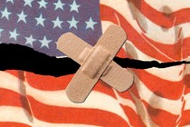Two bandaids cross over an American flag