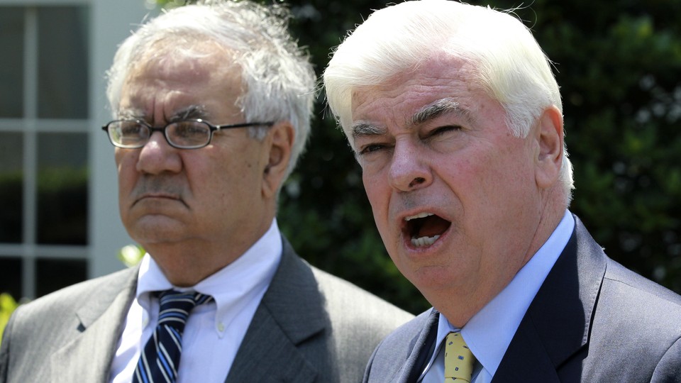 Barney Frank and Christopher Dodd after a 2010 meeting with President Obama about financial-sector reform