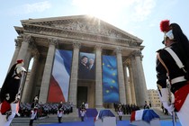 French President Emmanuel Macron delivers a speech in tribute to late Auschwitz survivor and French health minister Simone Veil and her late husband Antoine Veil during a national tribute. 