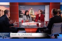 Guests talk around a table on the latest episode of Washington Week With the Atlantic