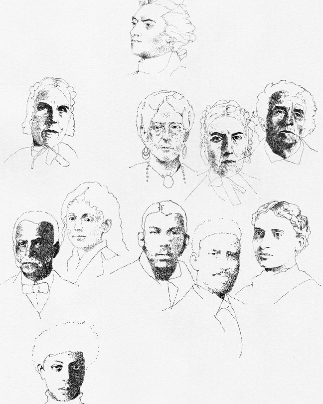 Illustration with overlapping sketches of the generations of the Grimke family