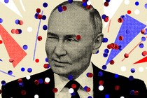 Vladimir Putin winking, surrounded by stylized red white and blue triangles and circles