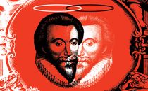 overlapping reversed engraved images of John Donne, one in black and one in white, with halos surrounded by cupids and ornamental border on red background