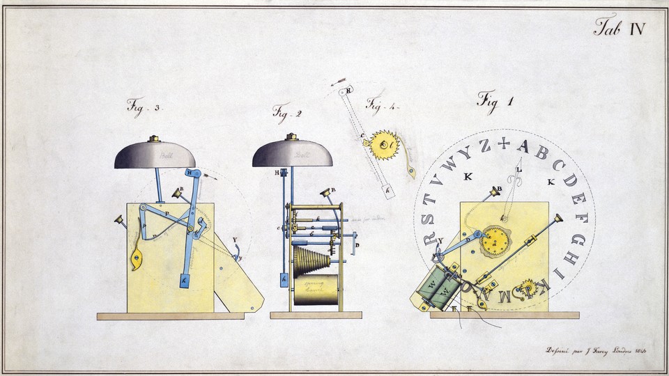 One of six technical drawings in ink with colour washes by John Farey, prepared for the French patents covering English specifications for the electric telegraph, produced for William Fothergill Cook (1806-1879)