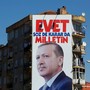 A billboard carrying a picture of Turkish President Tayyip Erdogan and a slogan that reads: "Yes. It is for the people to speak and to decide" in Istanbul