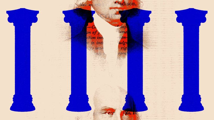 An illustration of columns, the Founding Fathers, and the Constitution