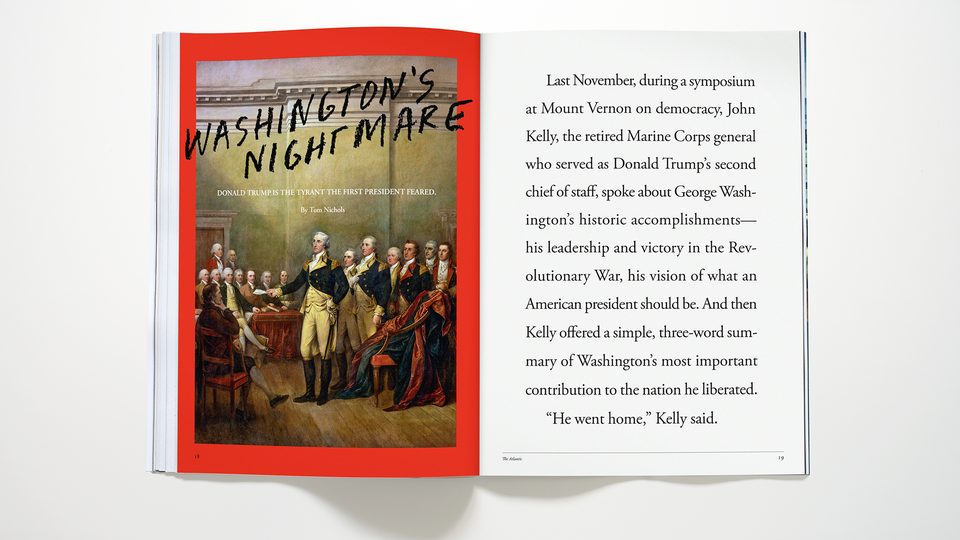 Color photograph of The Atlantic November 2024 issue opened to the cover story, "Washington's Nightmare," where the lefthand page shows a painting of George Washington and the righthand page shows the opening paragraph of the essay enlarged to fill the page.