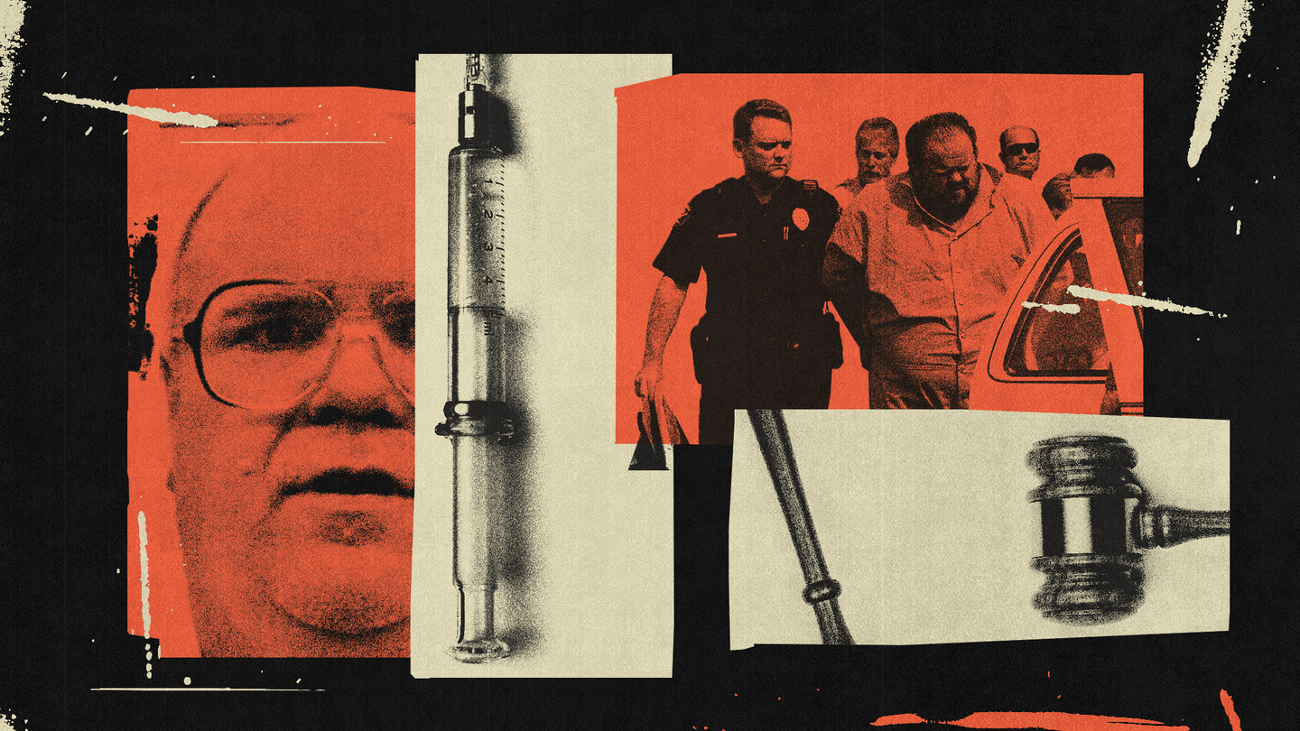 A collage showing Alan Eugene Miller, a syringe, law enforcement, and a gavel.