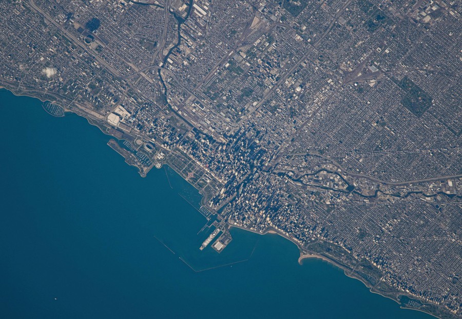 An aerial view of Chicago and Lake Michigan.