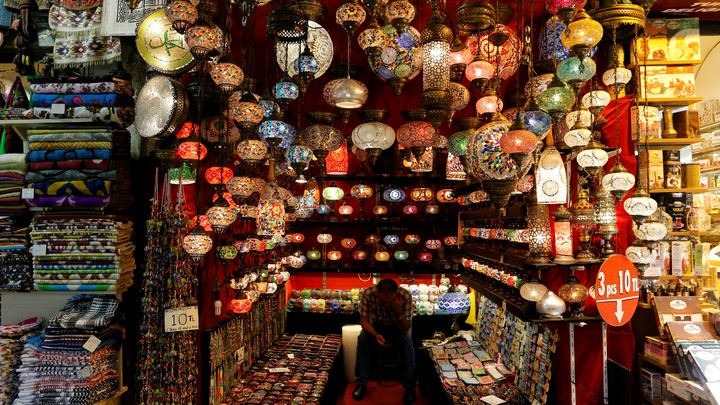 A shopkeeper waits for customers at the Grand Bazaar in Istanbul, Turkey.