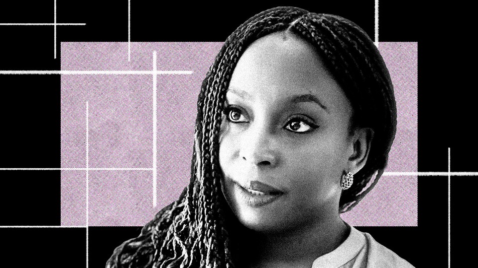 Photo-illustration of Chimamanda Adichie against a mauve-and-black background