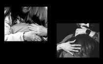 Two black-and-white images of adults hugging children