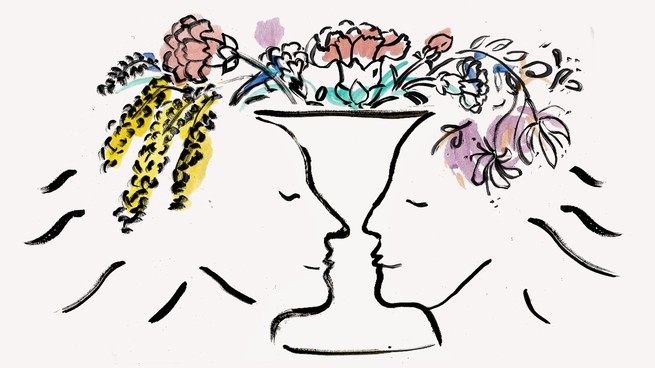 An illustration of two faces close together, the space between them forming the shape of a vase, with colorful flowers splaying out