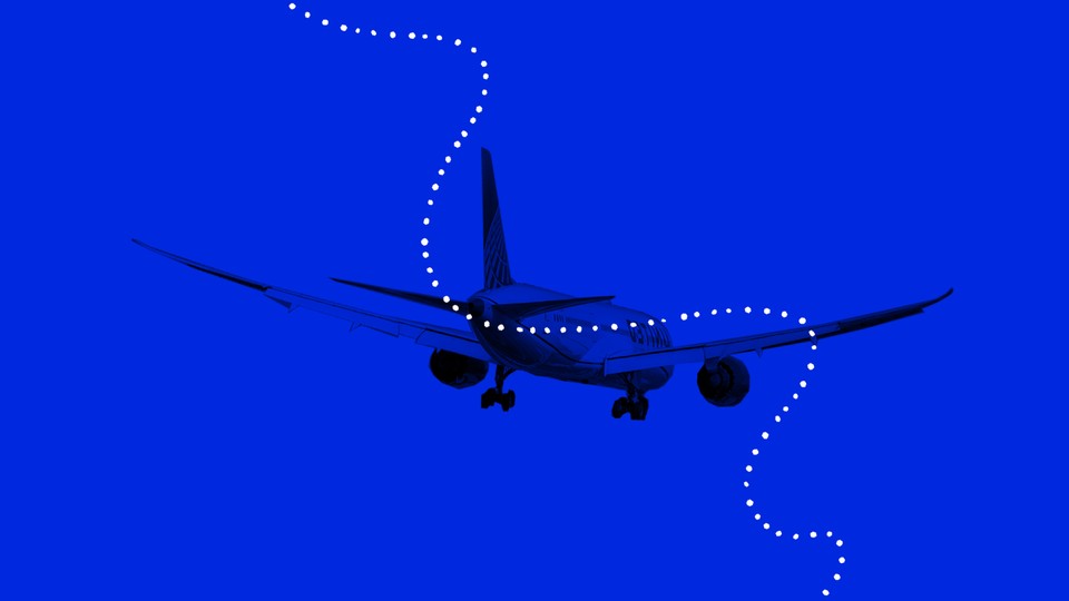 An airplane with a graphic line drawn spiraling downward