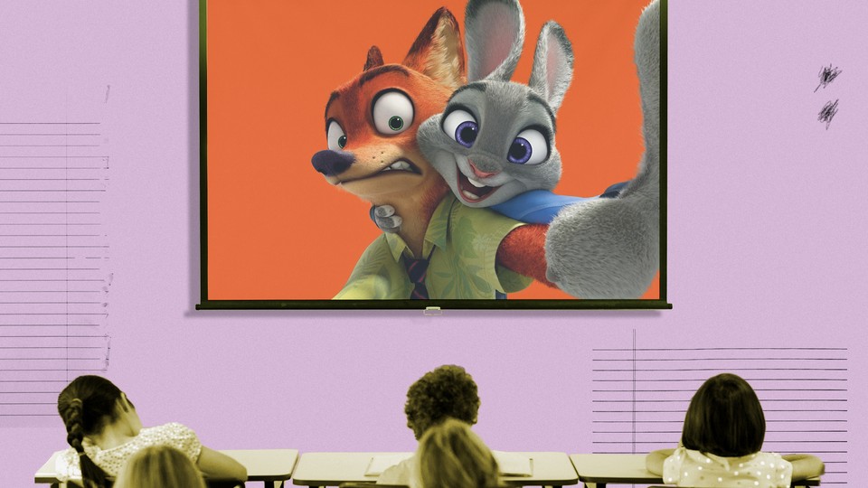 A frame from Disney's "Zootopia" is superimposed on a projector screen in a classroom.