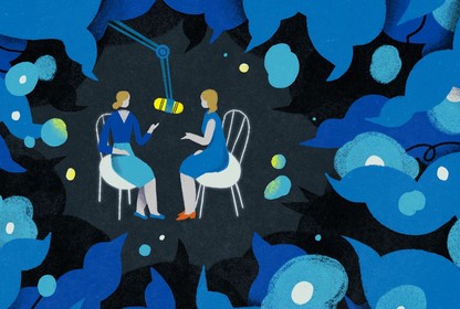An illustration of two blonde women dressed in blue sitting on chairs with a microphone hanging between them. The background is black, and blue flowery shapes and squiggles that look like speech bubbles surround them