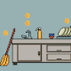 A sink, a bag of trash, dishes, and a broom with gold coins spinning above them