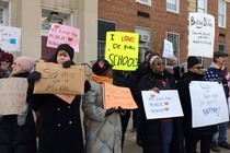 Protesters gather outside D.C.'s Jefferson Middle School on Friday, Feb. 10, 2017, where Education Secretary Betsy DeVos was scheduled to appear.