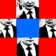 Illustration of Vladimir Putin with red and blue squares.
