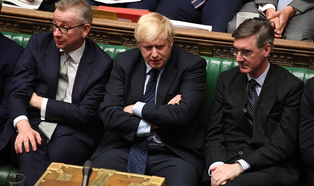 Conservative Party leaders getting the news of their big defeat in yesterday's vote: from left, Michael Gove, Boris Johnson, and Jacob Rees-Mogg. What can Americans learn from the dissident faction that outmaneuvered them?