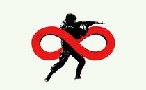 A soldier fires a gun and is covered in the infinity symbol