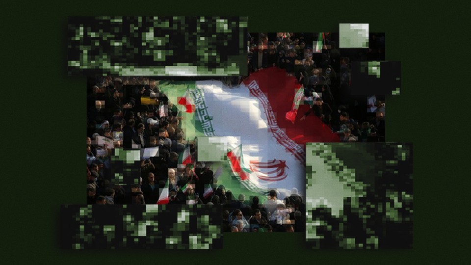Heavily pixelated and distorted photograph of protestors surrounding a huge Iranian flag
