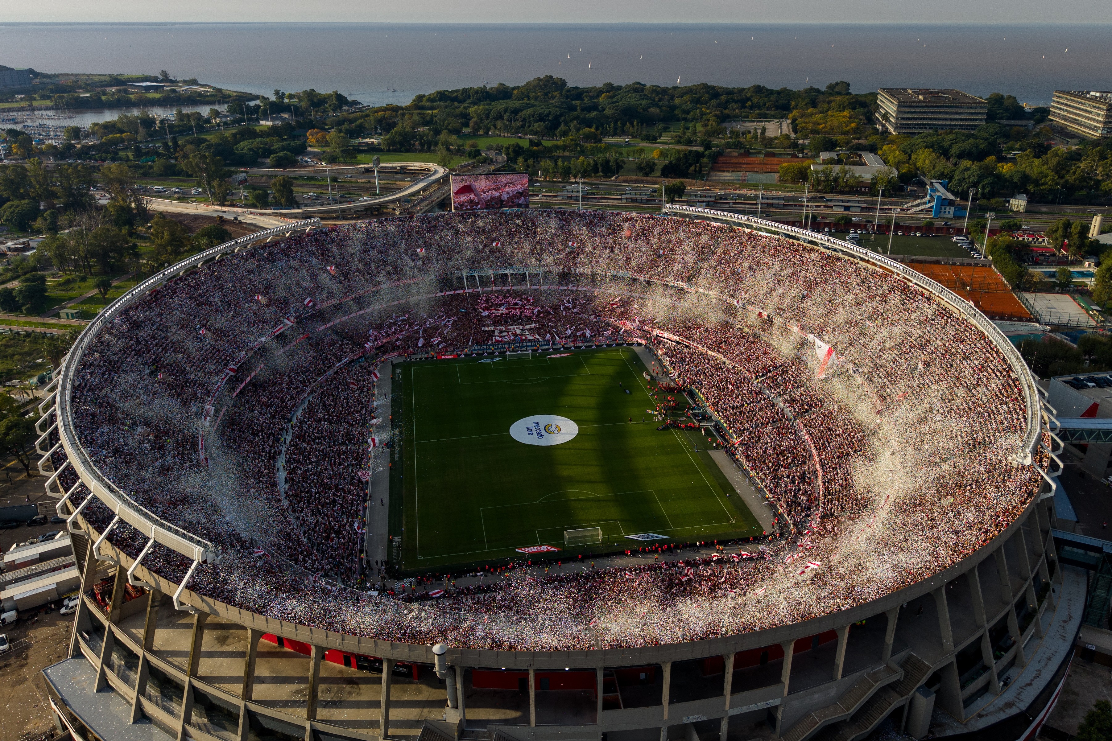 An aerial view of a packed soccer stadium