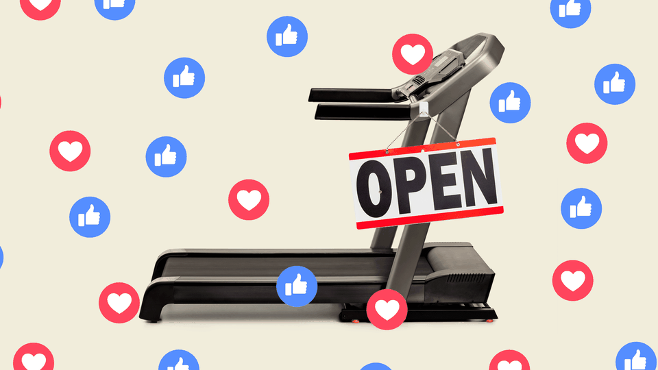A photo collage of a treadmill with an "open" sign and Facebook icons on top of it.