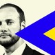 District Attorney Chesa Boudin is featured with blue and yellow triangles on a light-yellow background