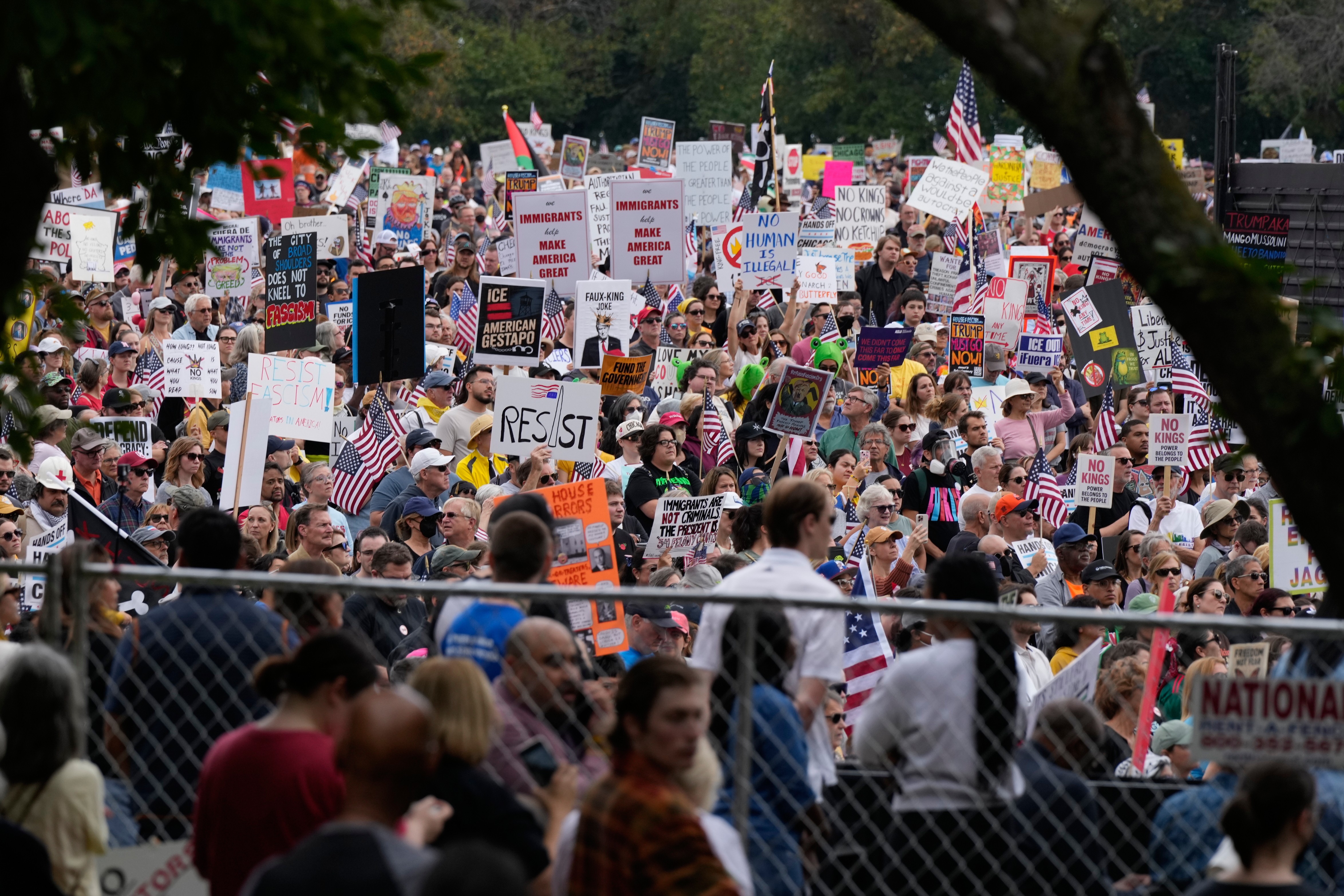 A large group of protesters hold signs in a Chicago park.