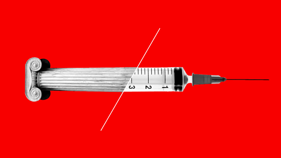 A Greek column that transforms into a syringe, on a red background
