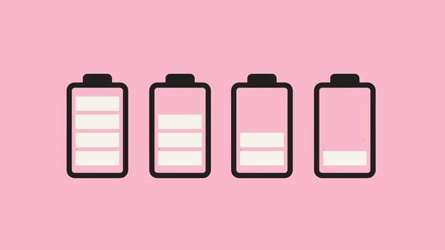 Illustration showing a sequence of four batteries, each less charged than the one before, over a pink background.