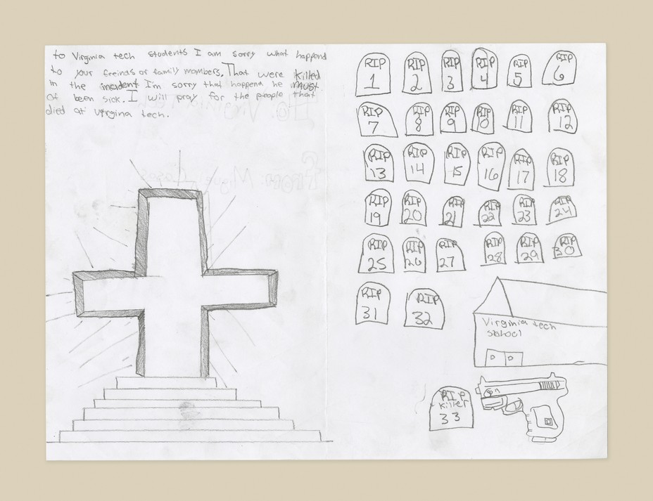 Handwritten letter with 32 headstones , a school, cross and a gun.