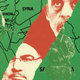 Map of Middle East, face of Ali Khamenei, and war imagery