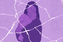 A cracked image of a woman holding a child and staring intently
