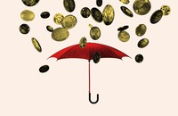 Coins raining down on an umbrella