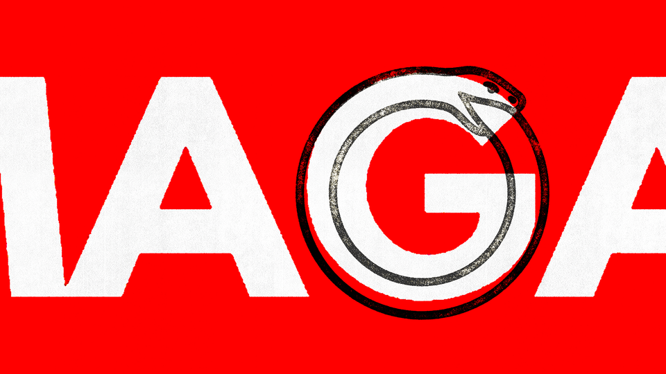 Illustration of MAGA with a snake eating its tail over the letter "G."