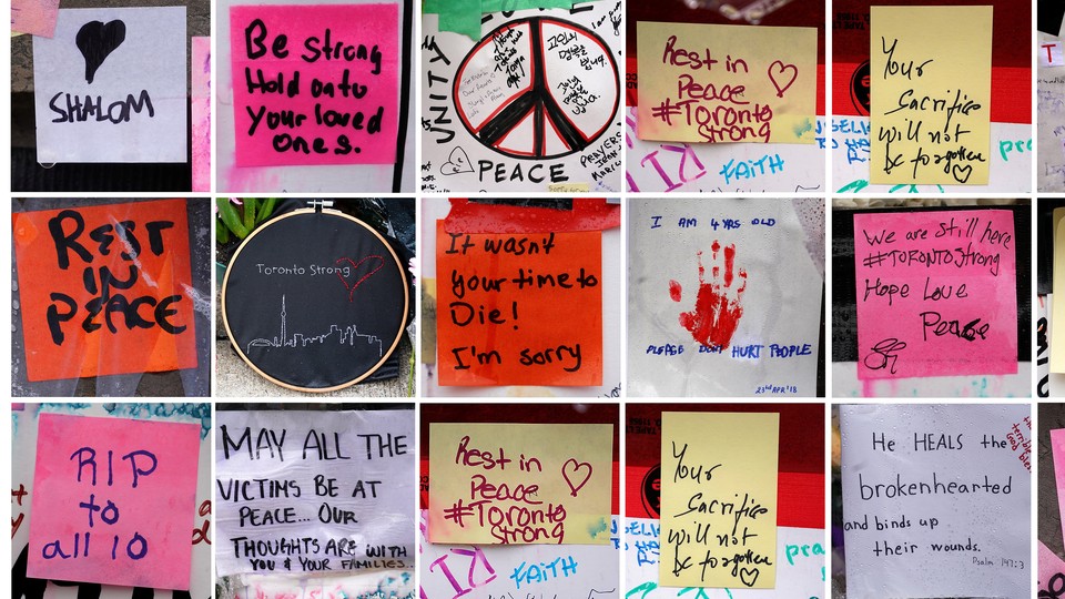 A combination photograph shows notes of support at a makeshift memorial on Yonge Street in Toronto, Canada, in 2018.