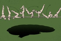 People flip on beams above a large brain-shaped hole.